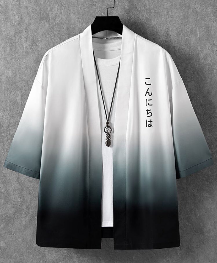 Manfinity Hypemode Loose Fit Men's Ombre Kimono With Japanese Letter Graphic Colorful, Drop Shoulder Style (Without T-Shirt)