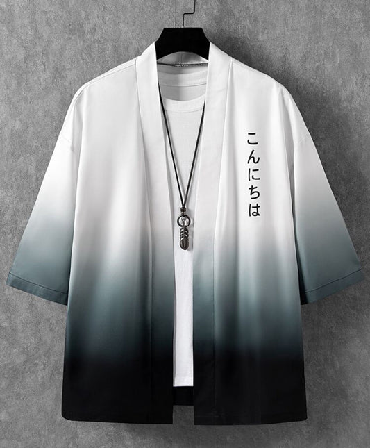 Manfinity Hypemode Loose Fit Men's Ombre Kimono With Japanese Letter Graphic Colorful, Drop Shoulder Style (Without T-Shirt)